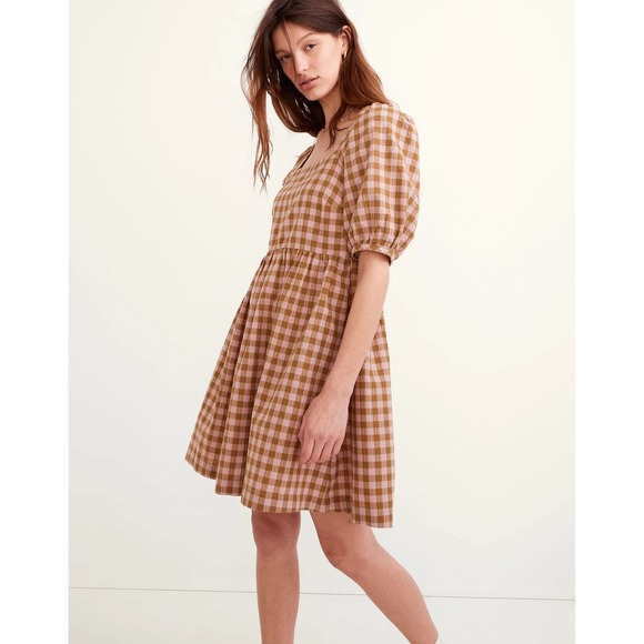 Madewell Dresses & Skirts - Madewell Dress S Pink Green Gingham Seersucker Square Neck Puff Sleeve Pockets
